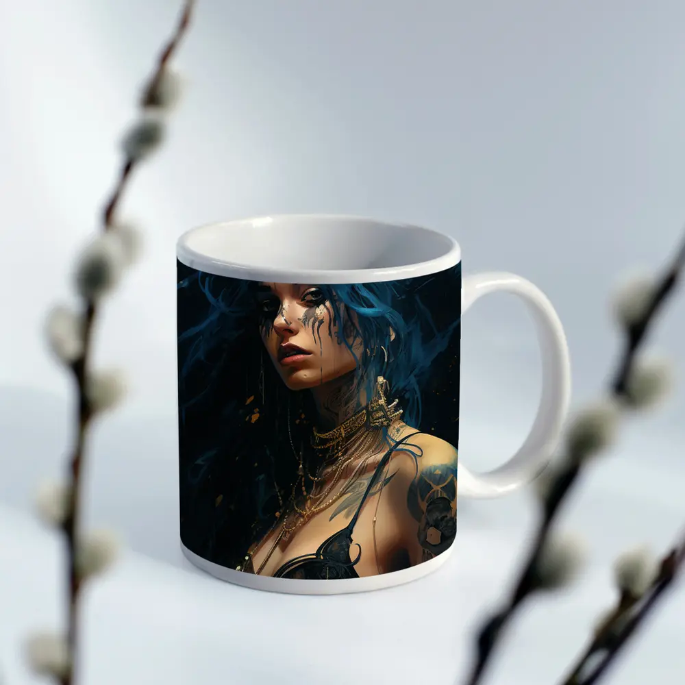 Blue Hair Tattooed Woman Dark Fantasy Art – Mugs