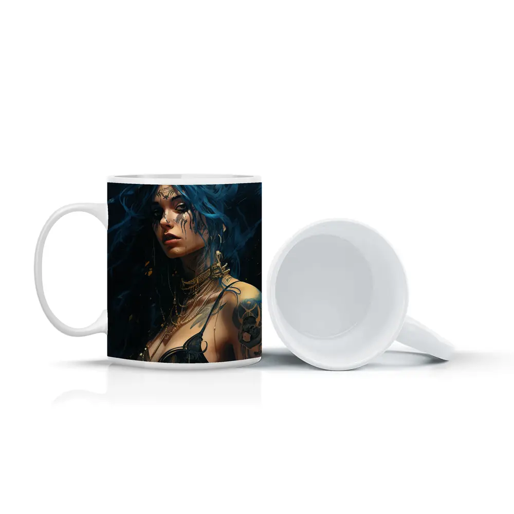 Blue Hair Tattooed Woman Dark Fantasy Art – Mugs