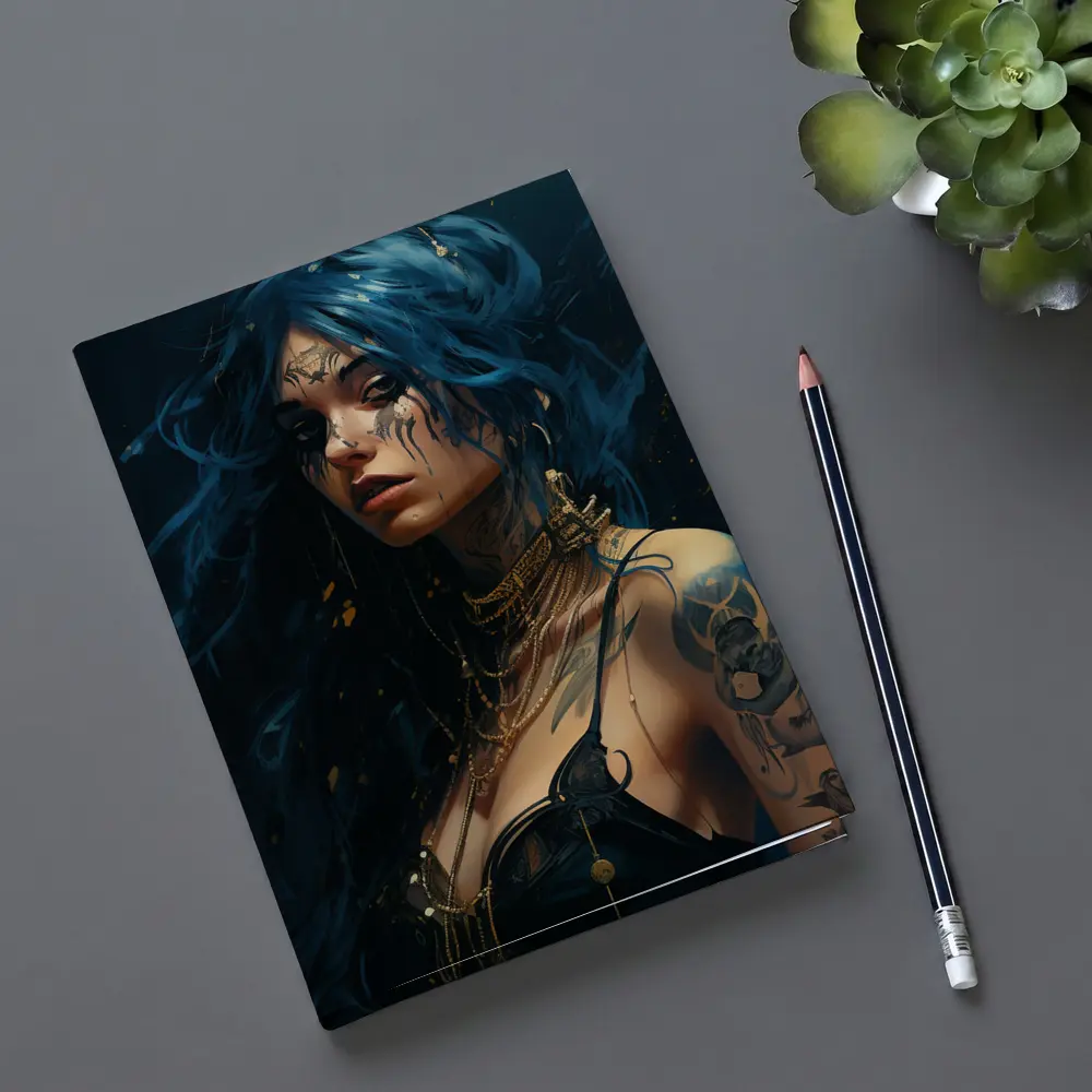 Blue Hair Tattooed Woman Dark Fantasy Art – Notebooks
