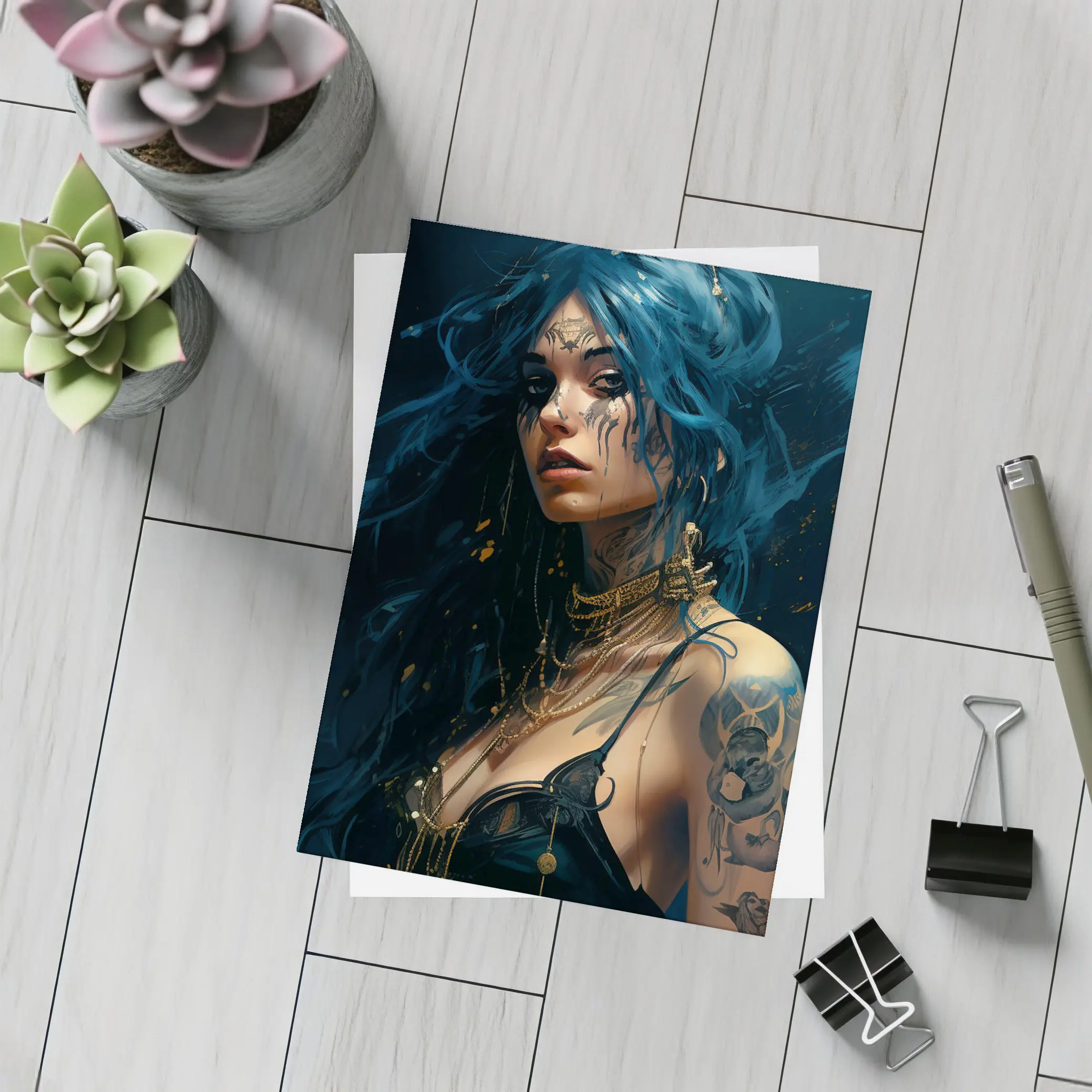 Blue Hair Tattooed Woman Dark Fantasy Art – Postcards