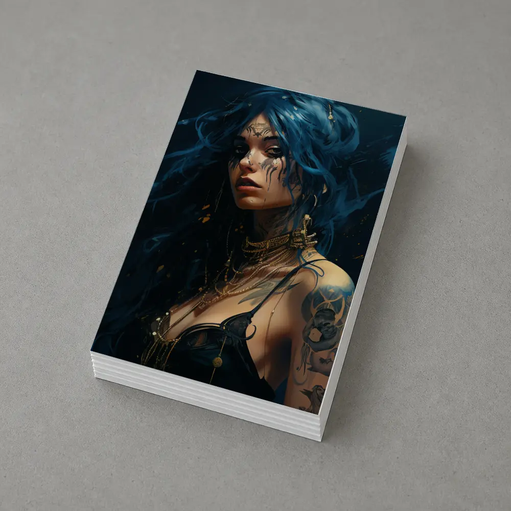 Blue Hair Tattooed Woman Dark Fantasy Art – Postcards