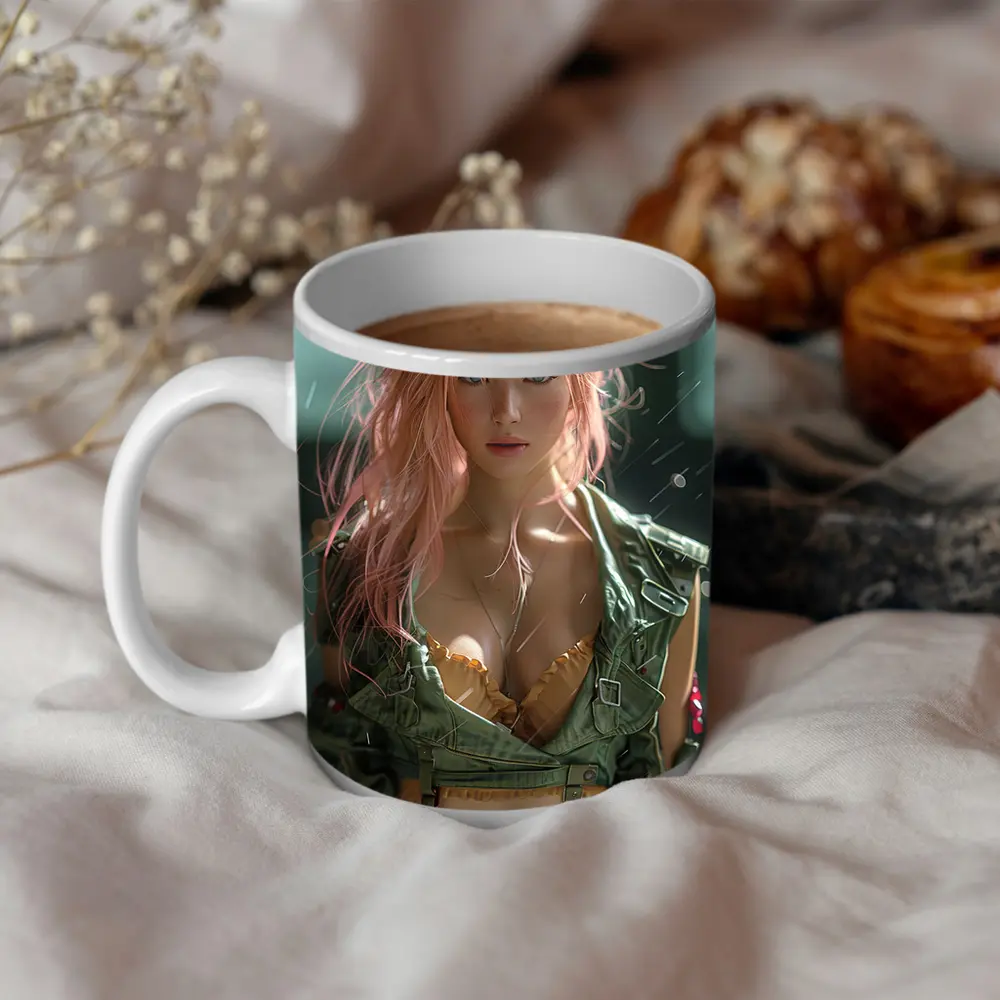 Pink Hair Girl Green Military Jacket Art – Mugs