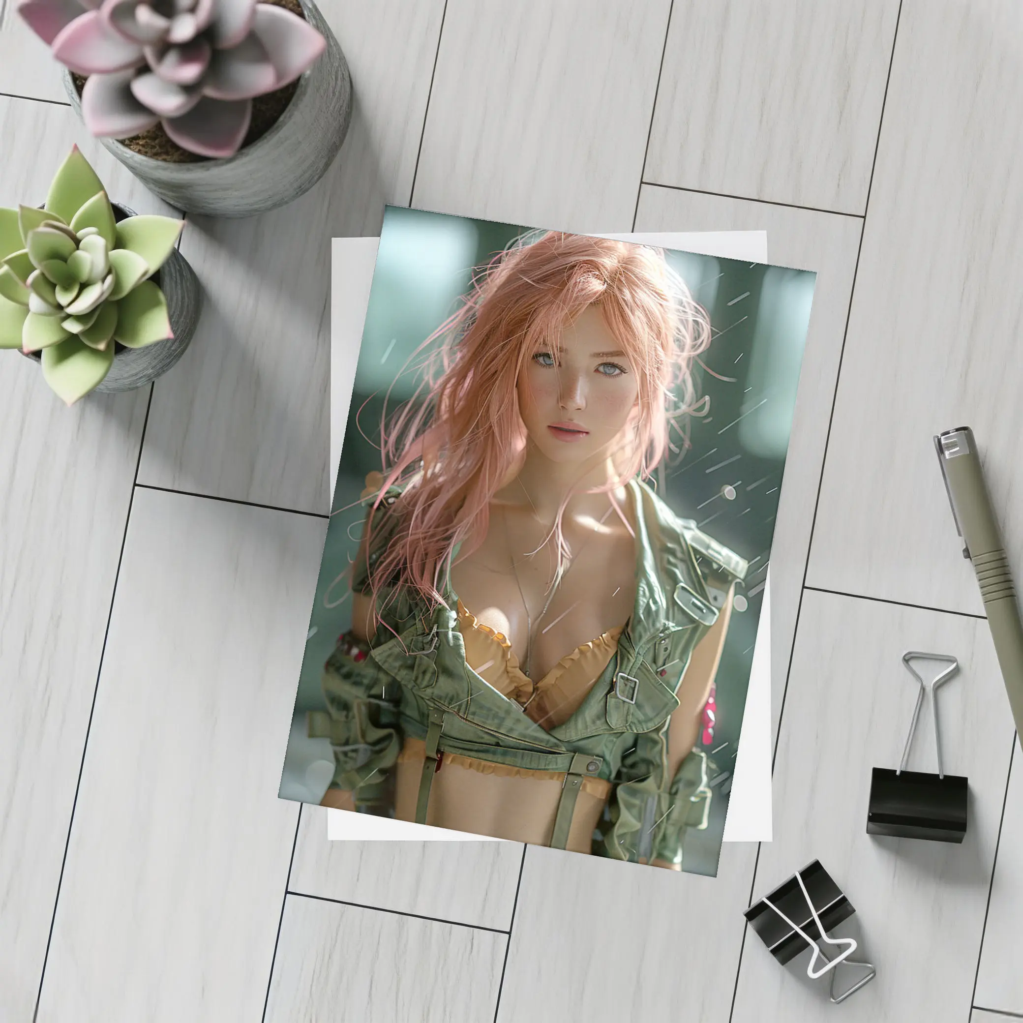 Pink Hair Girl Green Military Jacket Art – Postcards