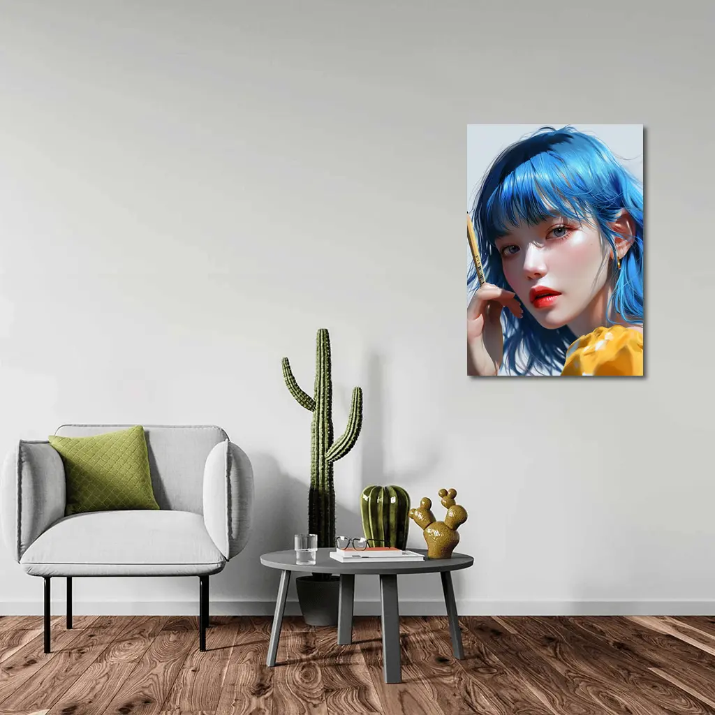 Blue Hair Anime Girl Digital Art Portrait – Wall Art