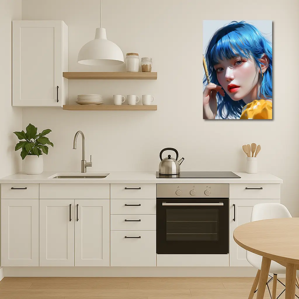 Blue Hair Anime Girl Digital Art Portrait – Wall Art