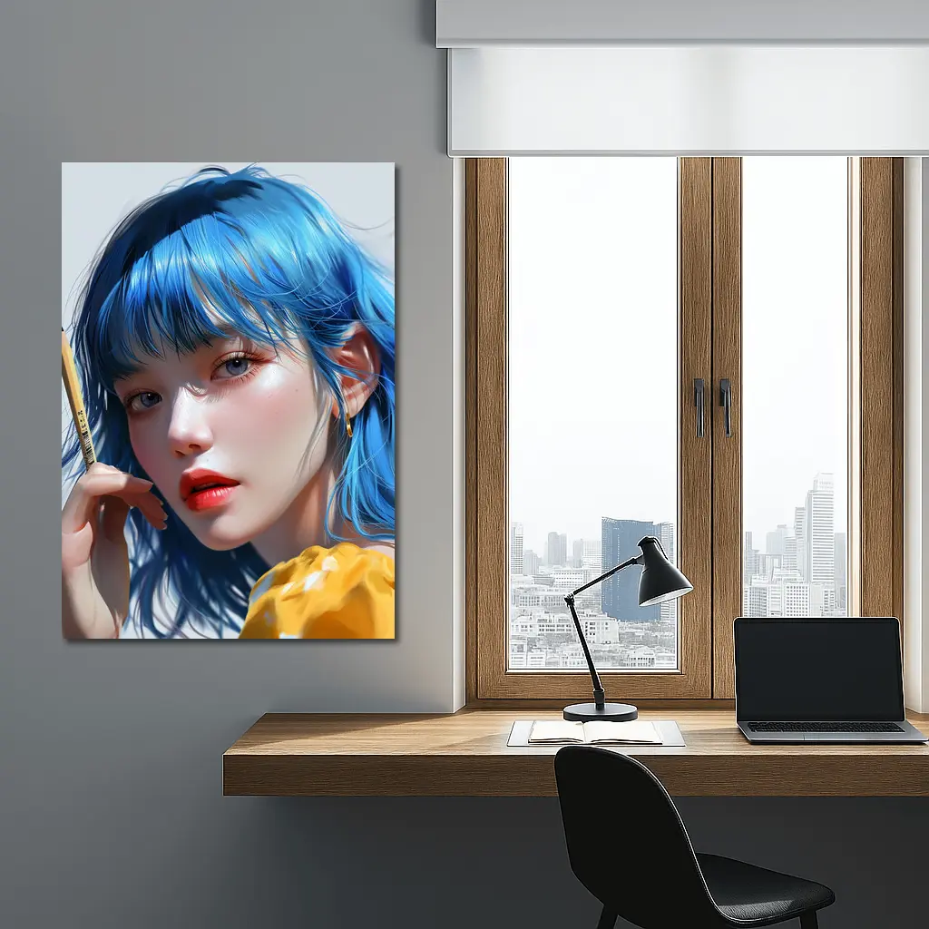 Blue Hair Anime Girl Digital Art Portrait – Wall Art