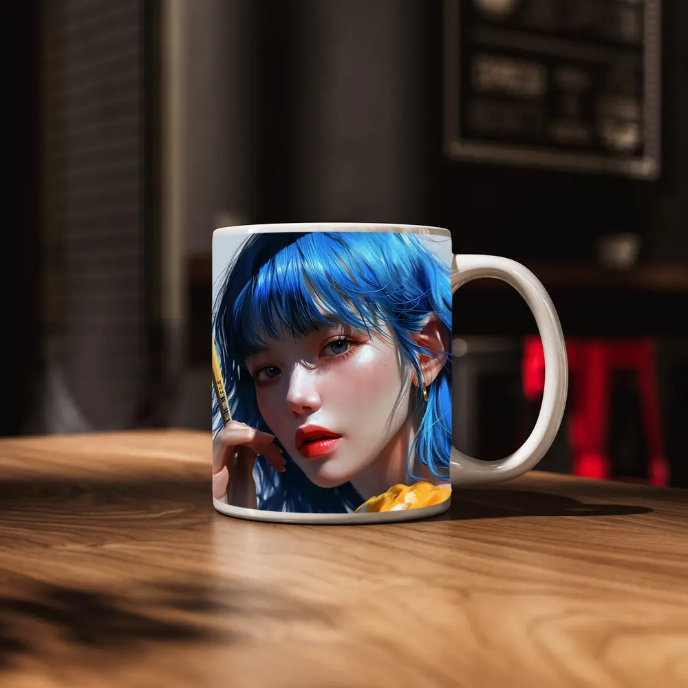 Blue Hair Anime Girl Digital Art Portrait – Mugs