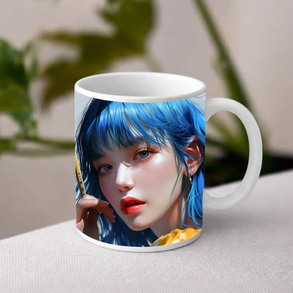 Blue Hair Anime Girl Digital Art Portrait – Mugs