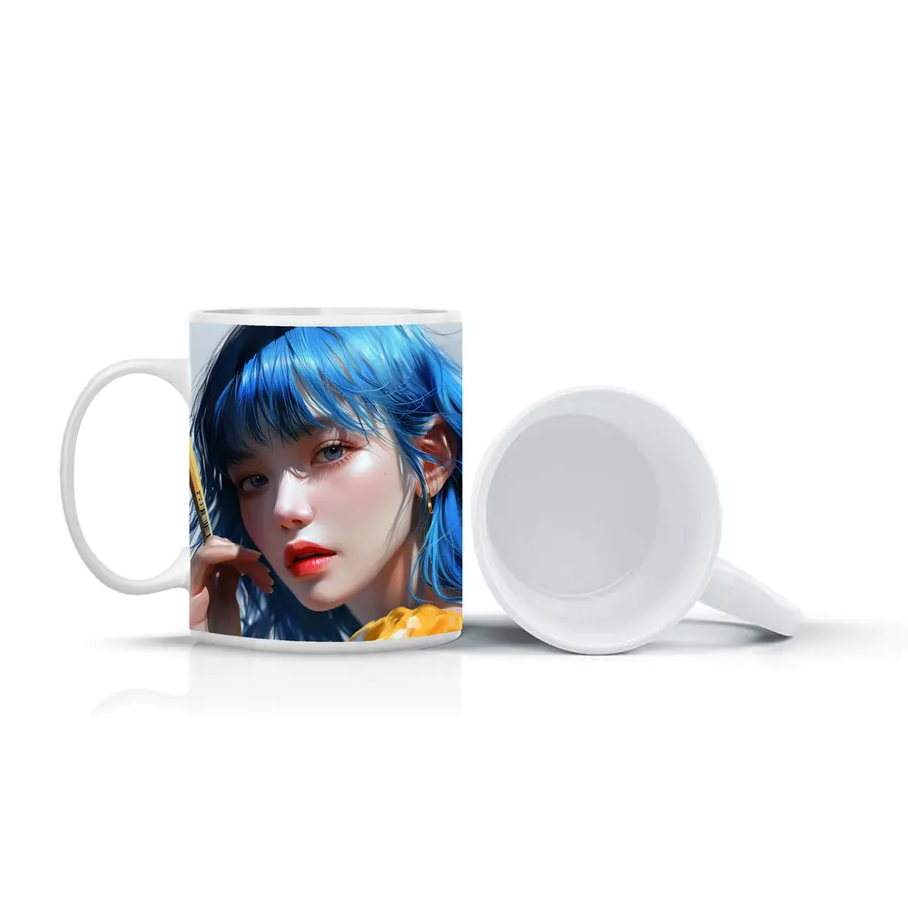 Blue Hair Anime Girl Digital Art Portrait – Mugs