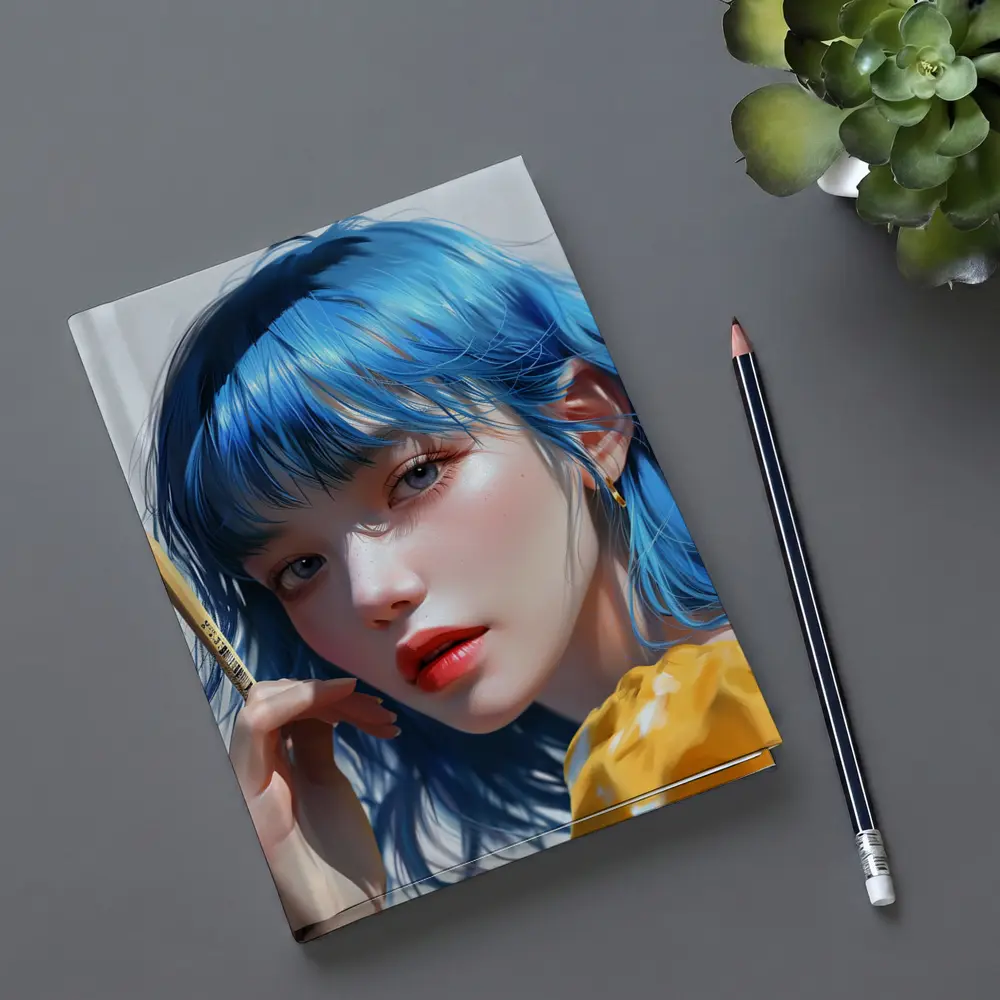 Blue Hair Anime Girl Digital Art Portrait – Notebooks