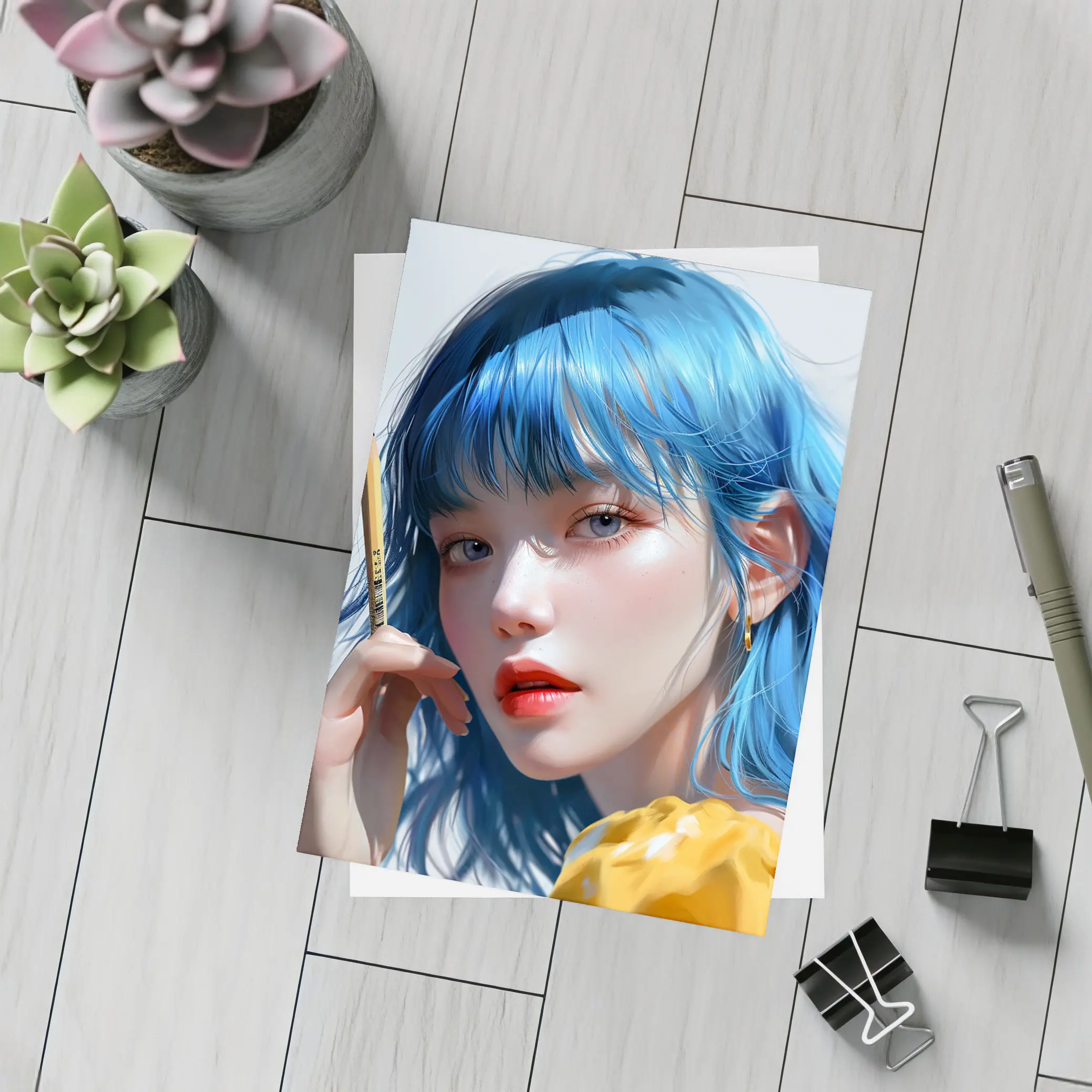 Blue Hair Anime Girl Digital Art Portrait – Postcards