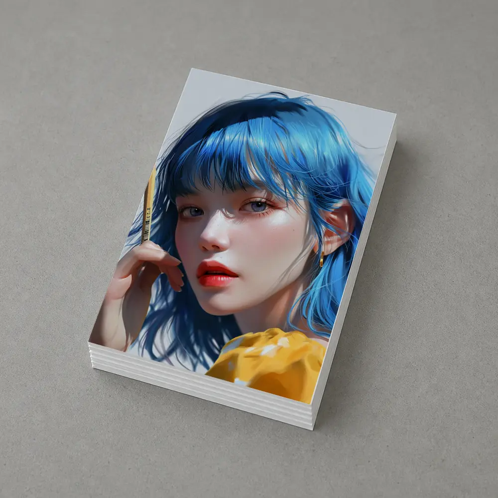 Blue Hair Anime Girl Digital Art Portrait – Postcards