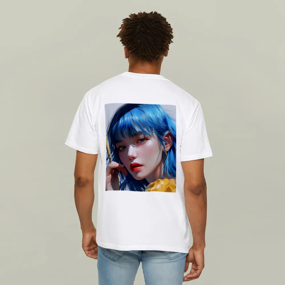 Blue Hair Anime Girl Digital Art Portrait – T-Shirts