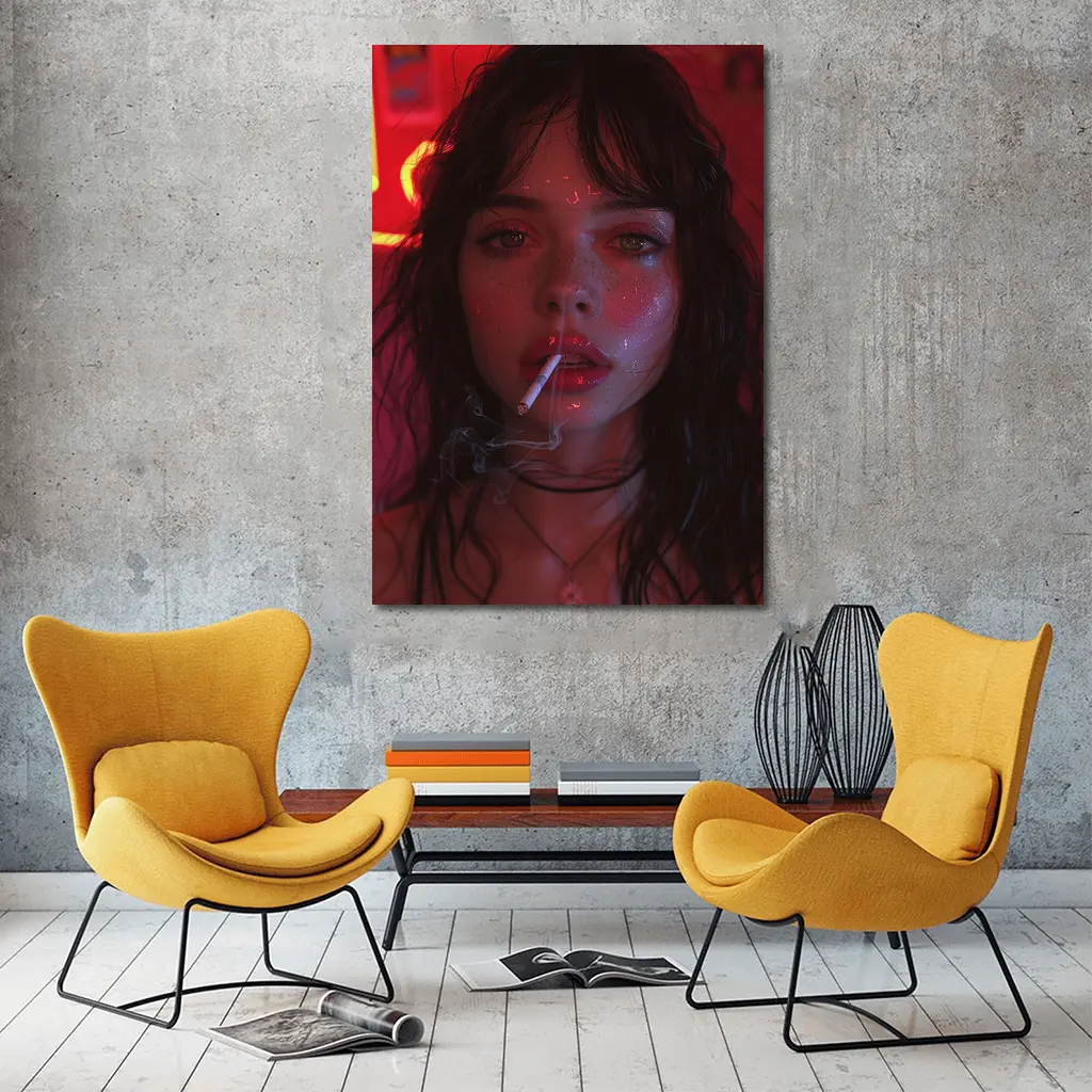 Dark Haired Woman Smoking Neon Red Light – Wall Art