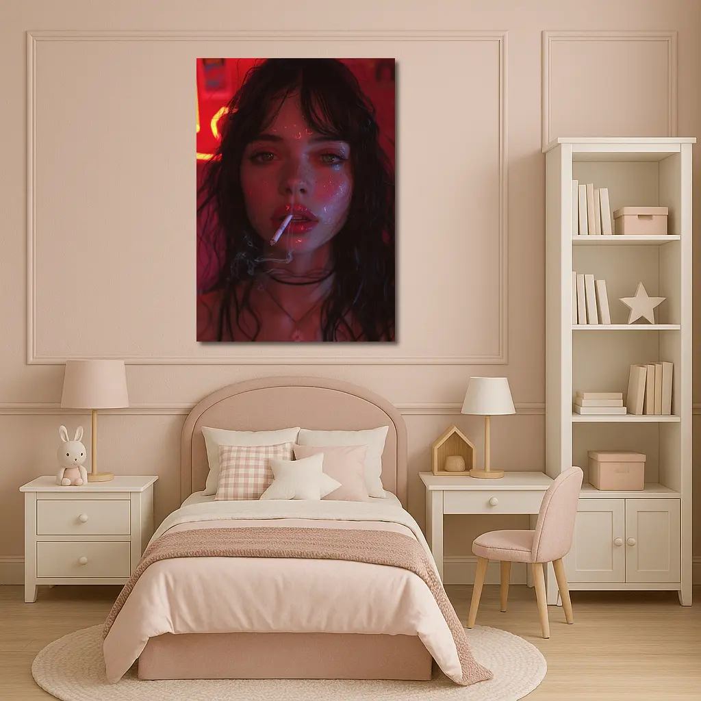 Dark Haired Woman Smoking Neon Red Light – Wall Art