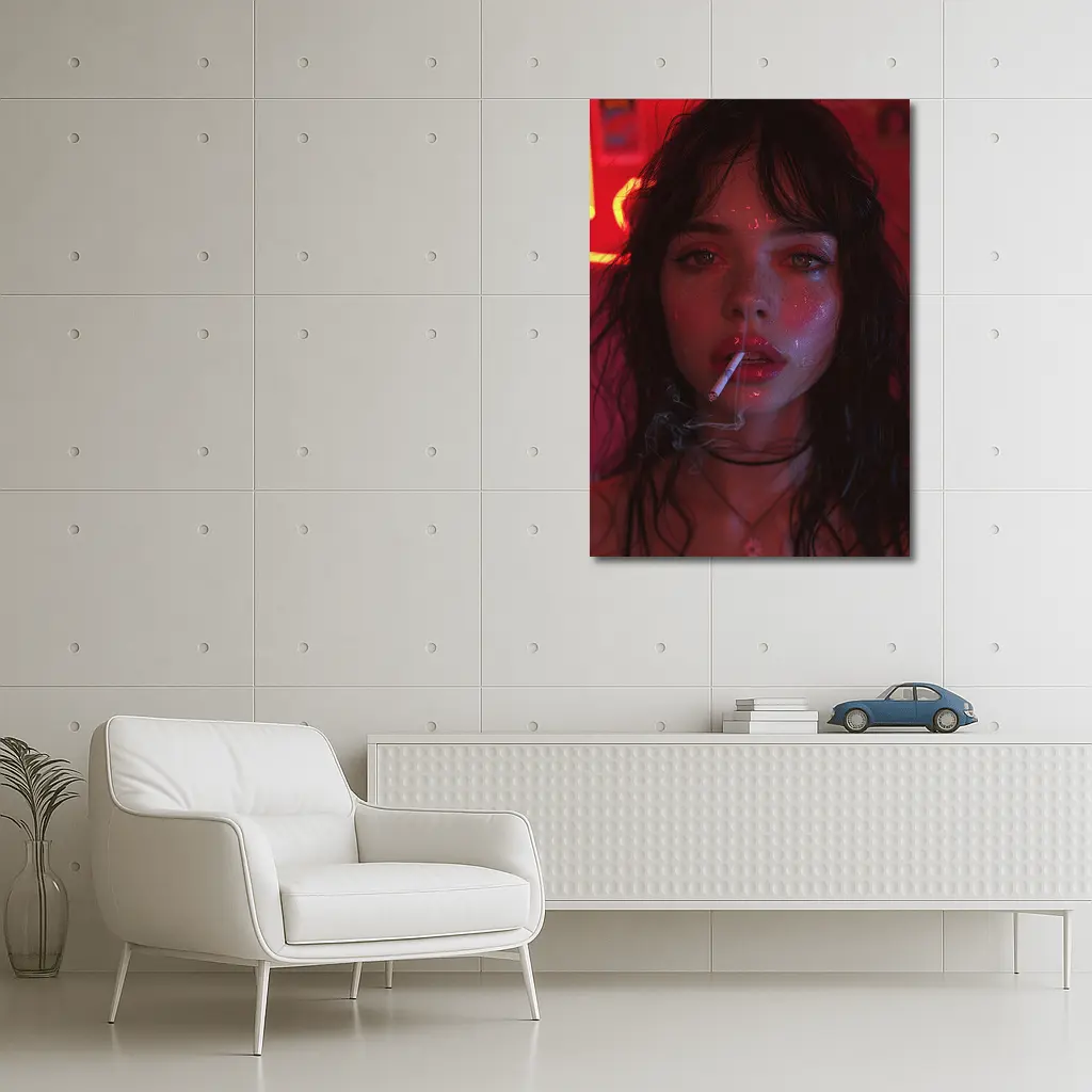Dark Haired Woman Smoking Neon Red Light – Wall Art