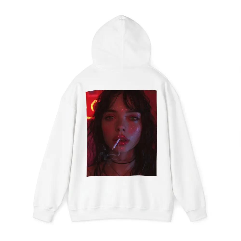 Dark Haired Woman Smoking Neon Red Light – Hoodies