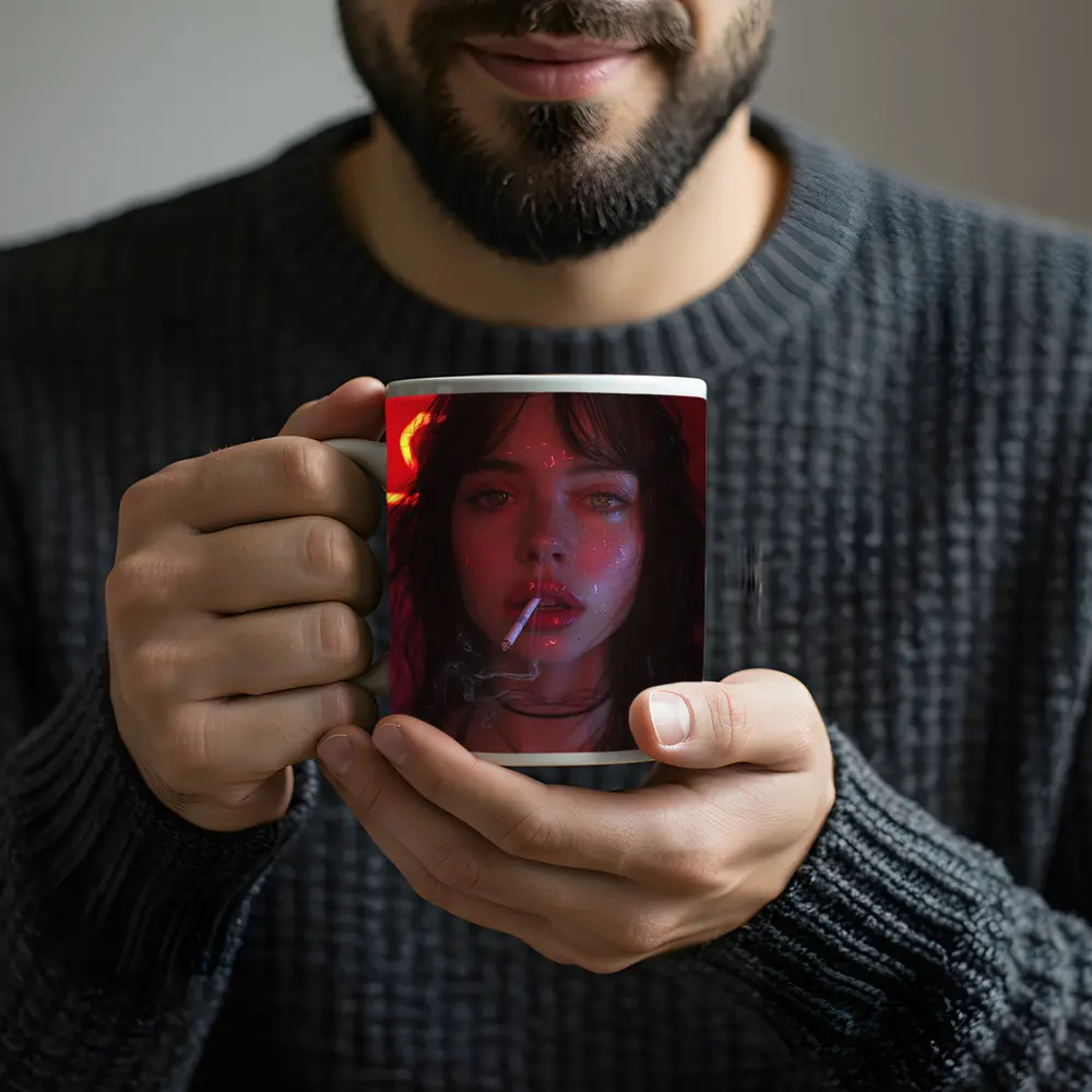 Dark Haired Woman Smoking Neon Red Light – Mugs