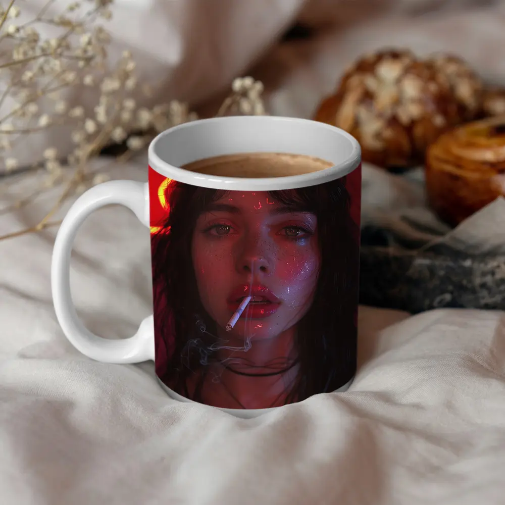 Dark Haired Woman Smoking Neon Red Light – Mugs