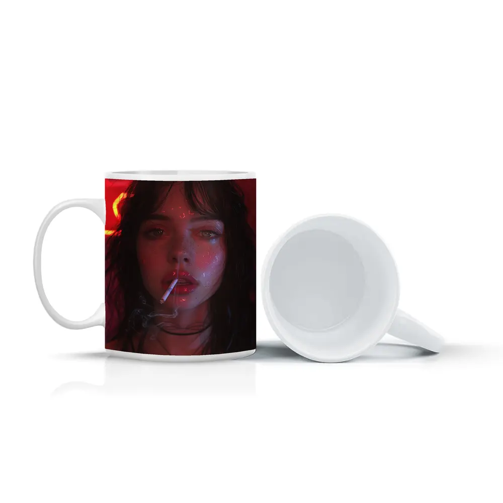 Dark Haired Woman Smoking Neon Red Light – Mugs