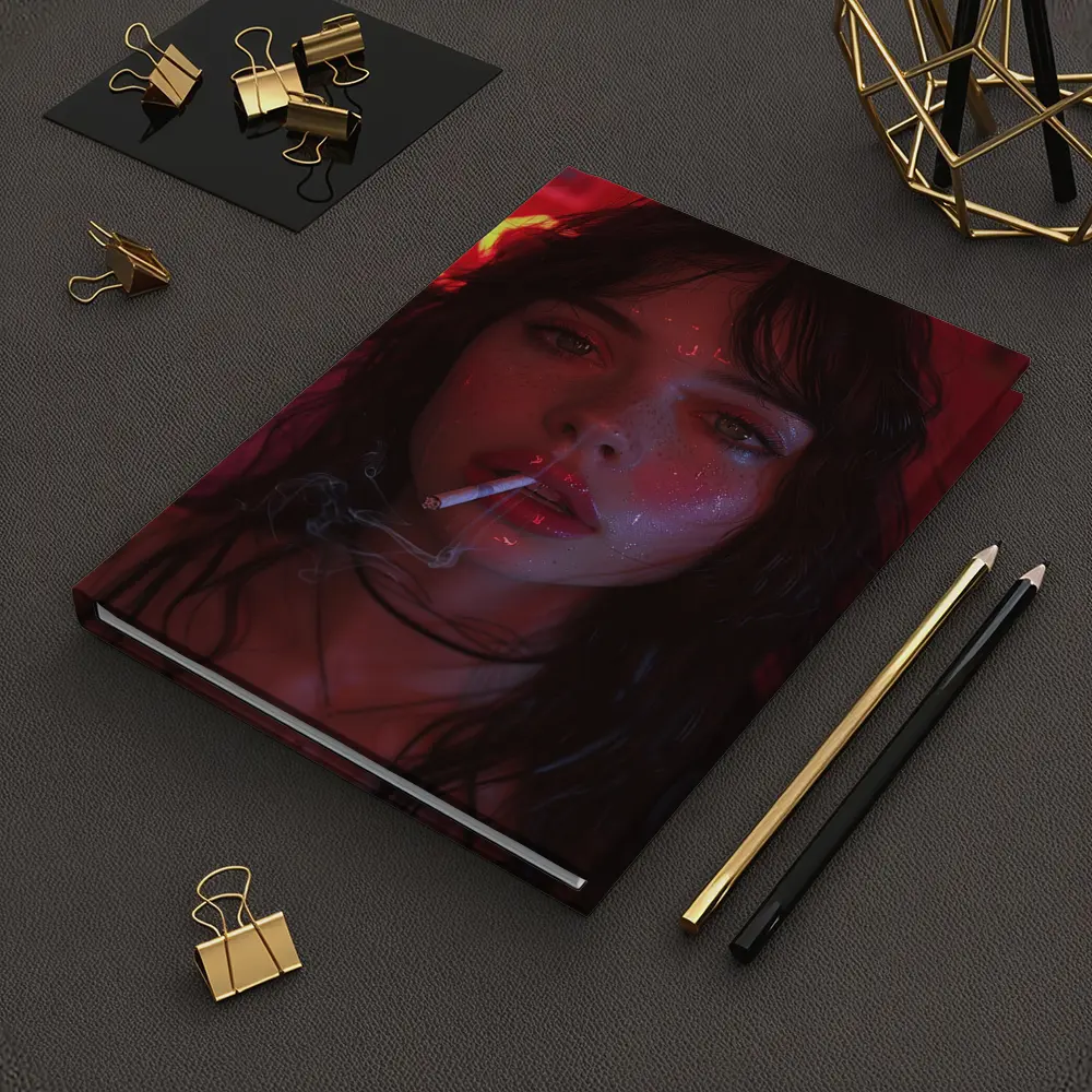 Dark Haired Woman Smoking Neon Red Light – Notebooks