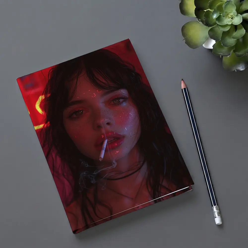 Dark Haired Woman Smoking Neon Red Light – Notebooks