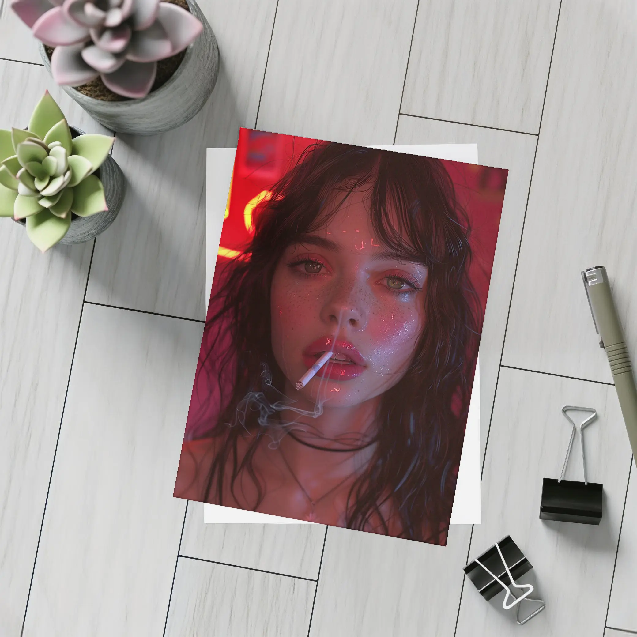 Dark Haired Woman Smoking Neon Red Light – Postcards