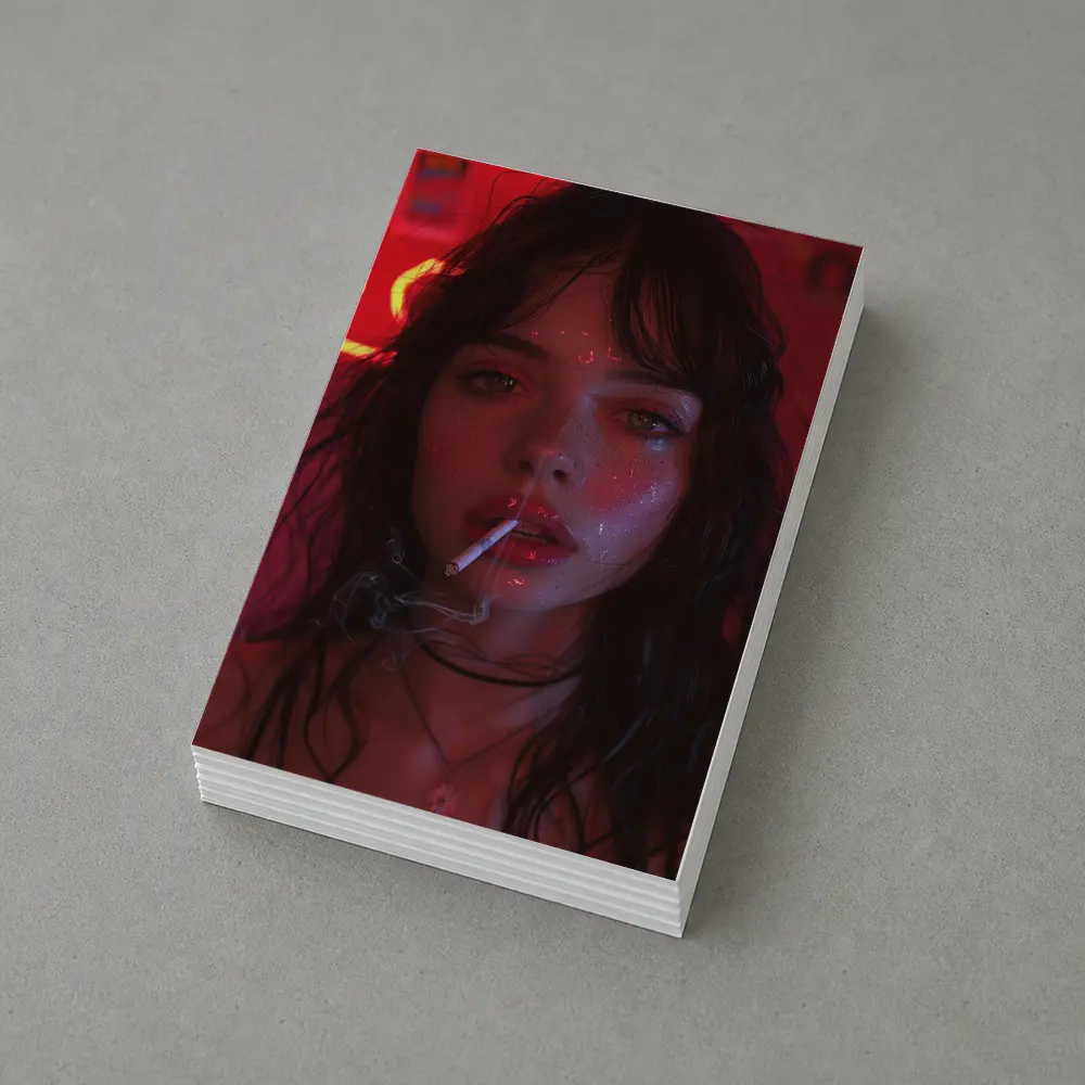 Dark Haired Woman Smoking Neon Red Light – Postcards