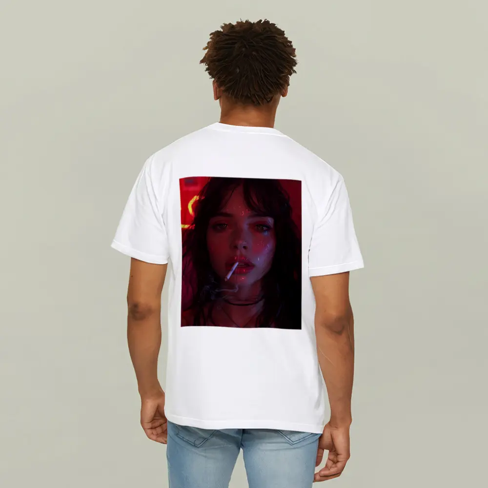 Dark Haired Woman Smoking Neon Red Light – T-Shirts