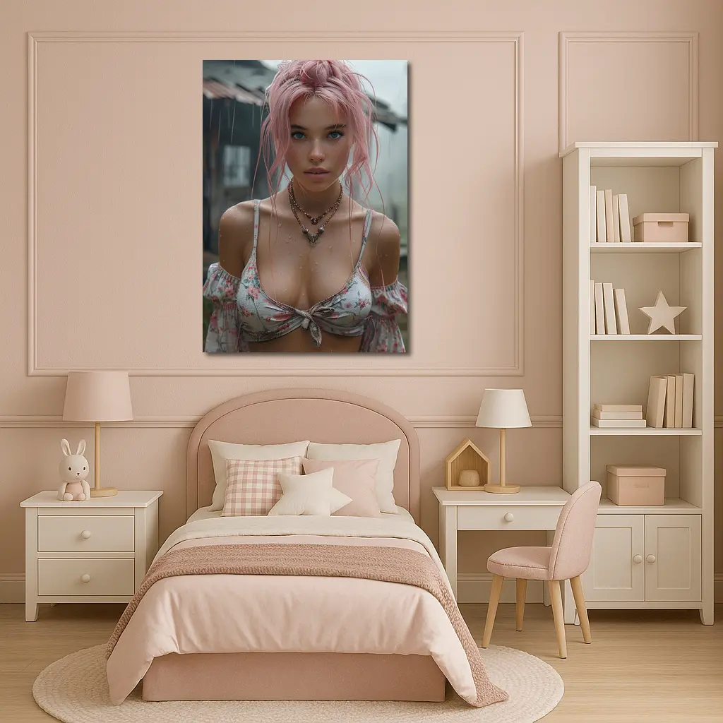 Pink Hair Girl Rainy Day Portrait – Wall Art