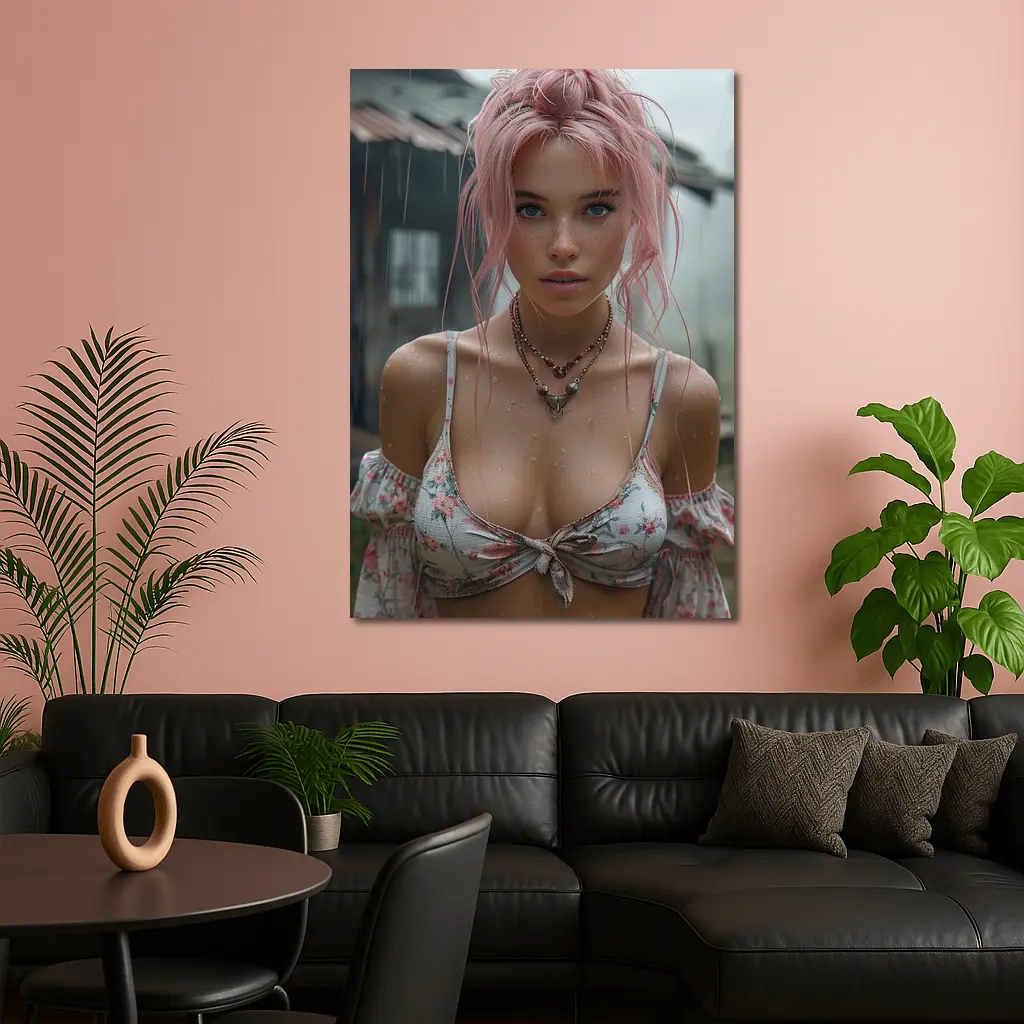 Pink Hair Girl Rainy Day Portrait – Wall Art