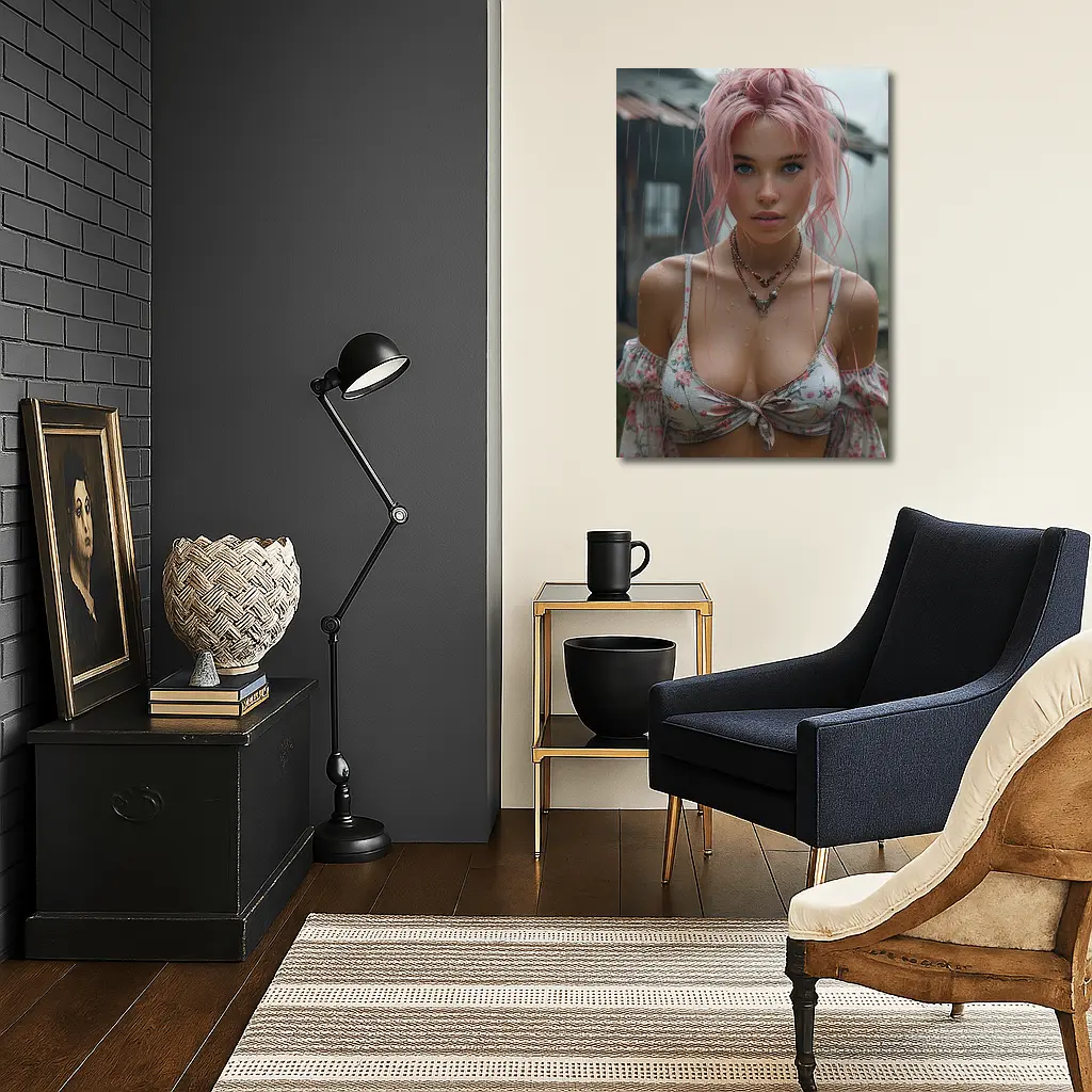 Pink Hair Girl Rainy Day Portrait – Wall Art