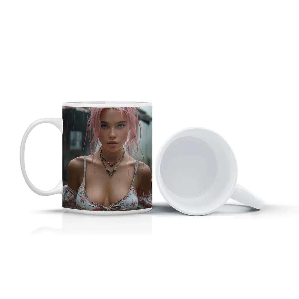 Pink Hair Girl Rainy Day Portrait – Mugs
