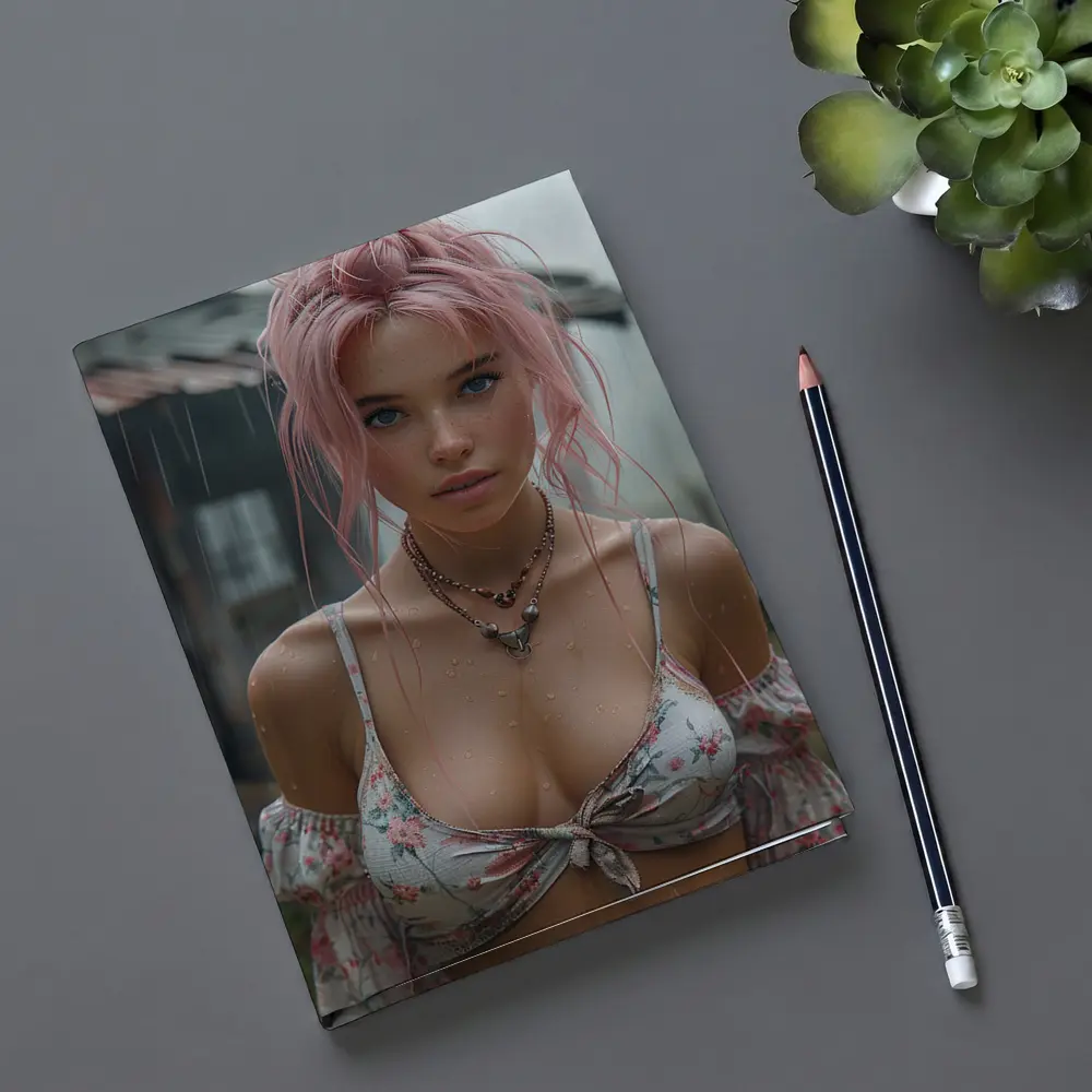 Pink Hair Girl Rainy Day Portrait – Notebooks