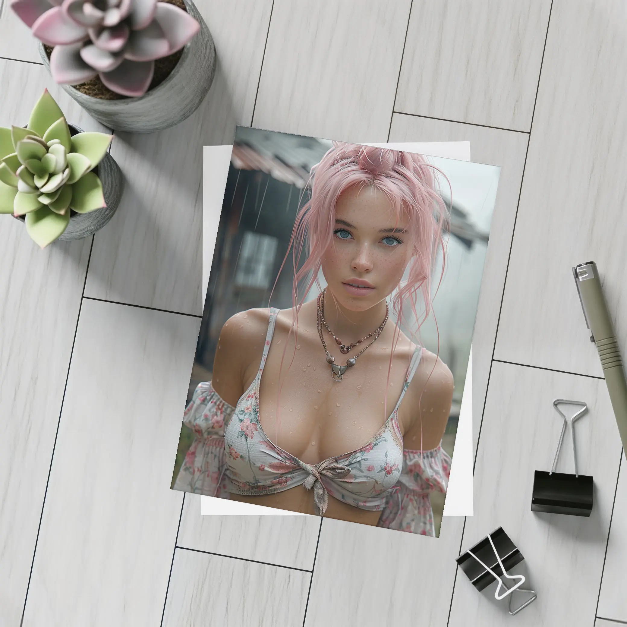 Pink Hair Girl Rainy Day Portrait – Postcards