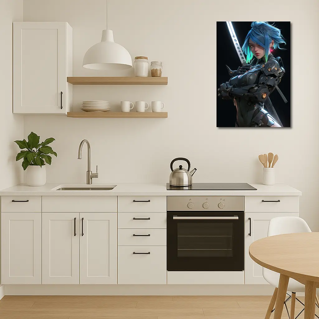 Cyberpunk Female Warrior Blue Hair Dark Background – Wall Art