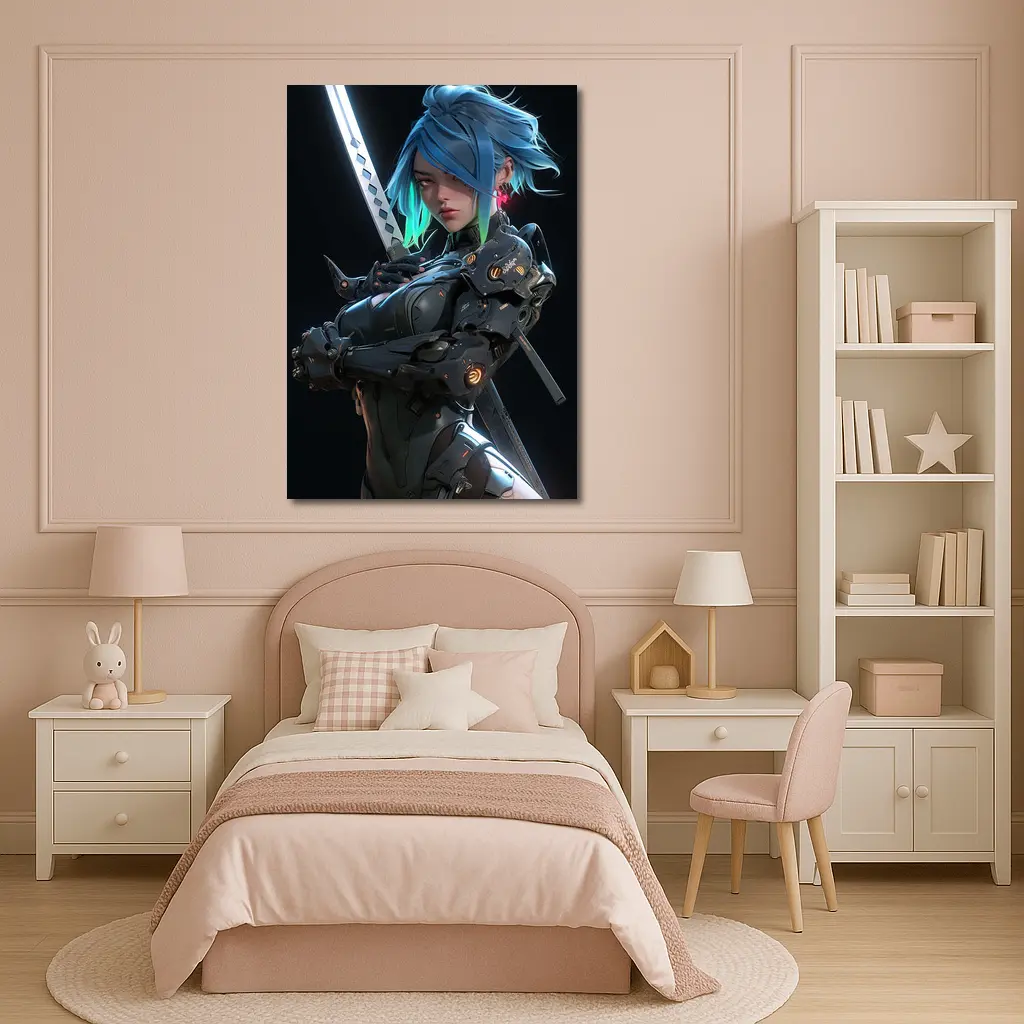 Cyberpunk Female Warrior Blue Hair Dark Background – Wall Art