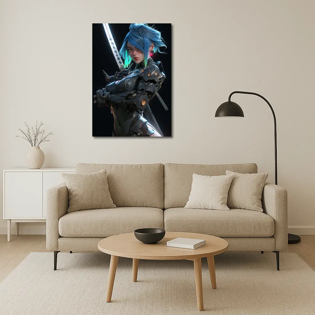 Cyberpunk Female Warrior Blue Hair Dark Background – Wall Art