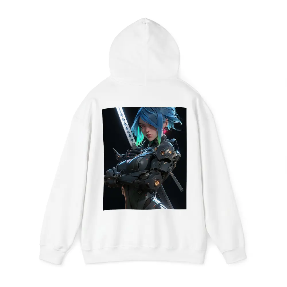 Cyberpunk Female Warrior Blue Hair Dark Background – Hoodies