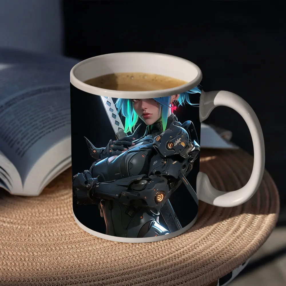 Cyberpunk Female Warrior Blue Hair Dark Background – Mugs
