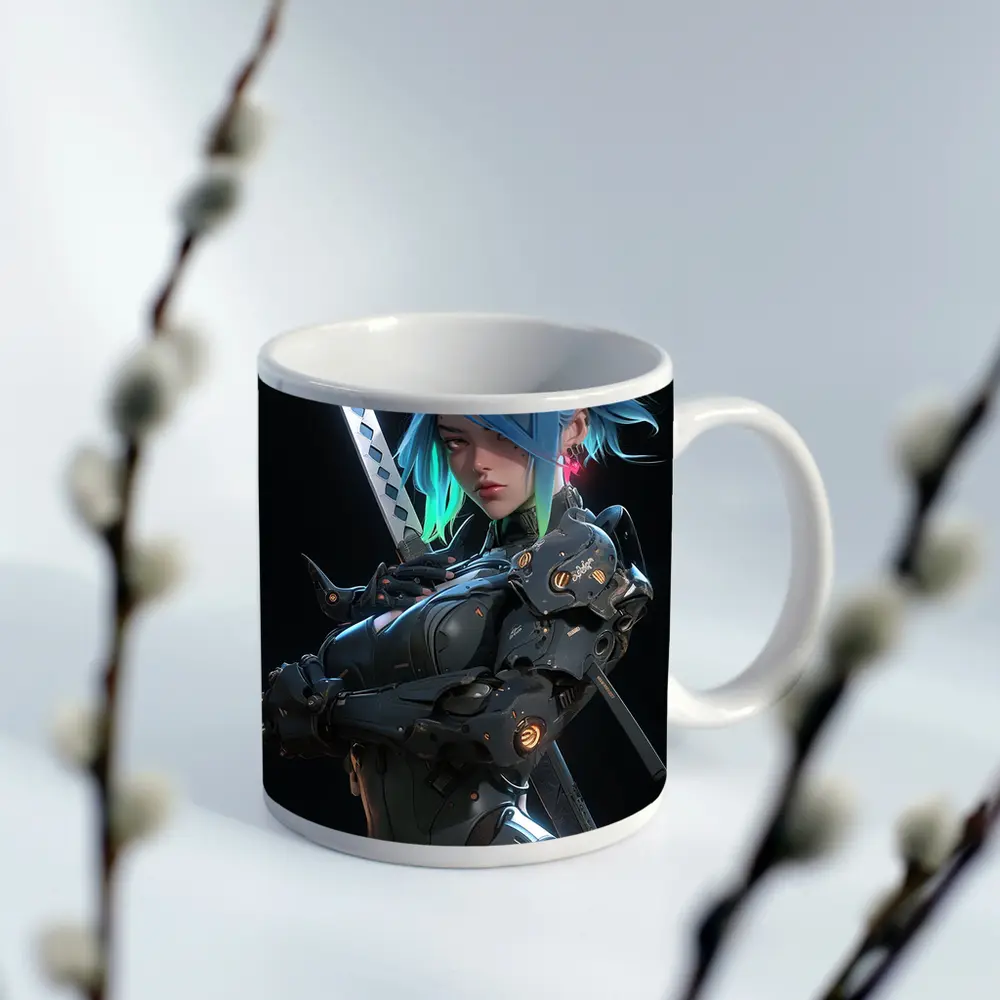Cyberpunk Female Warrior Blue Hair Dark Background – Mugs
