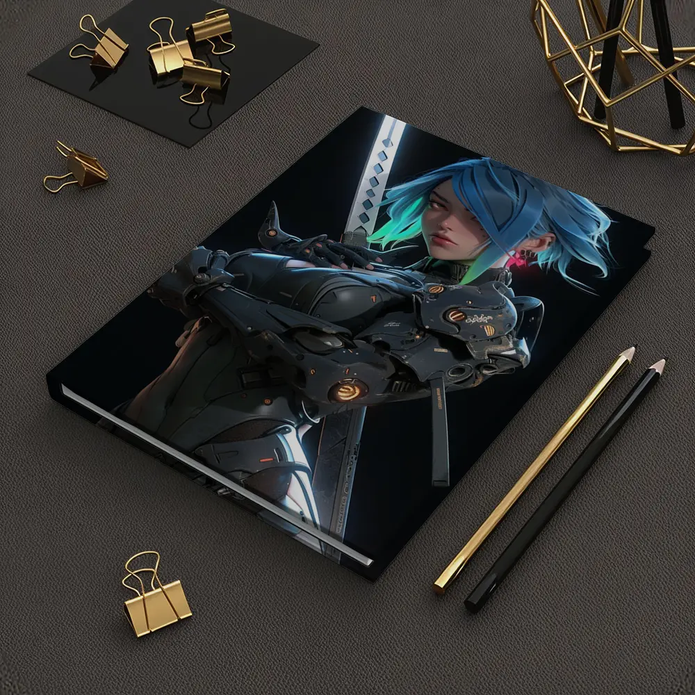 Cyberpunk Female Warrior Blue Hair Dark Background – Notebooks