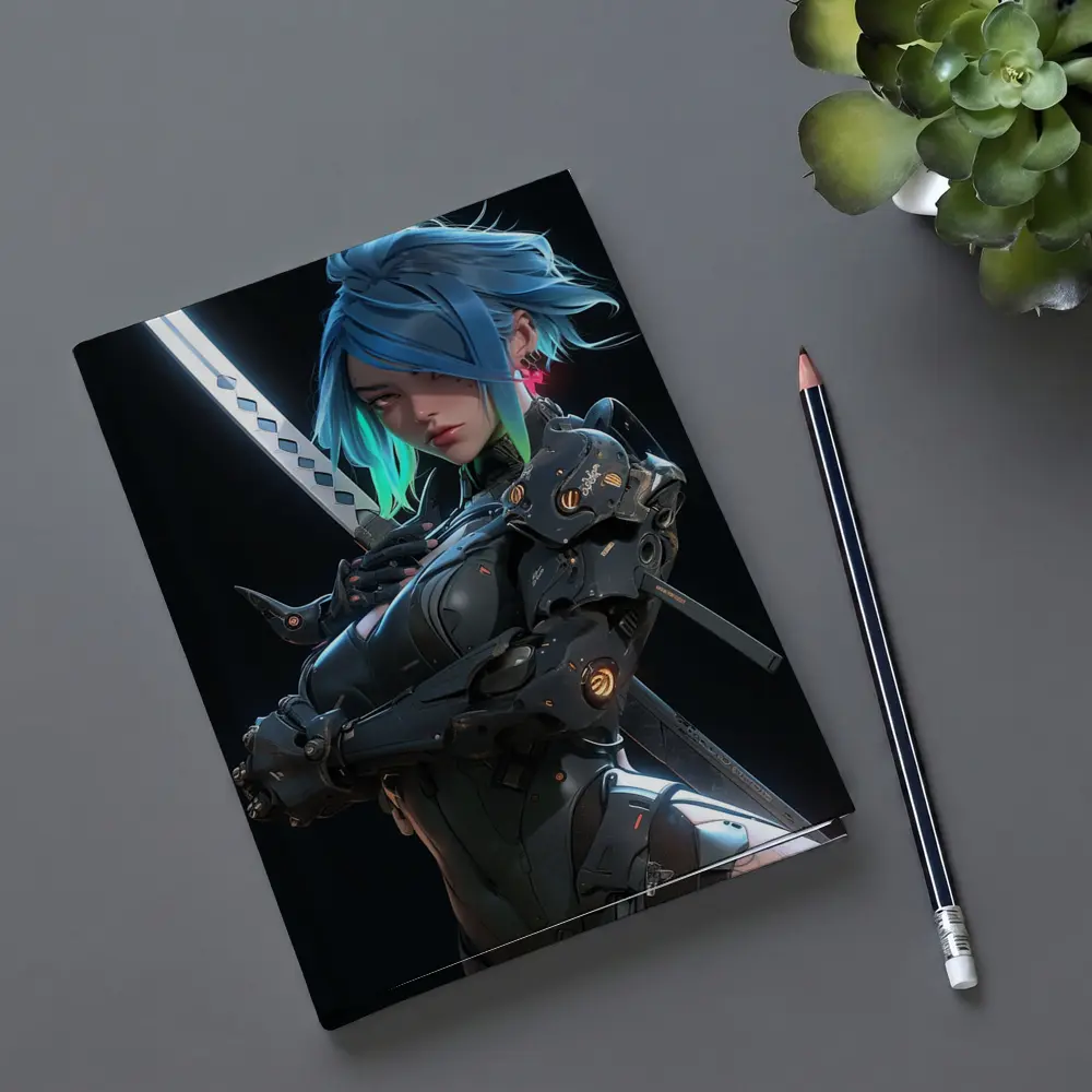 Cyberpunk Female Warrior Blue Hair Dark Background – Notebooks