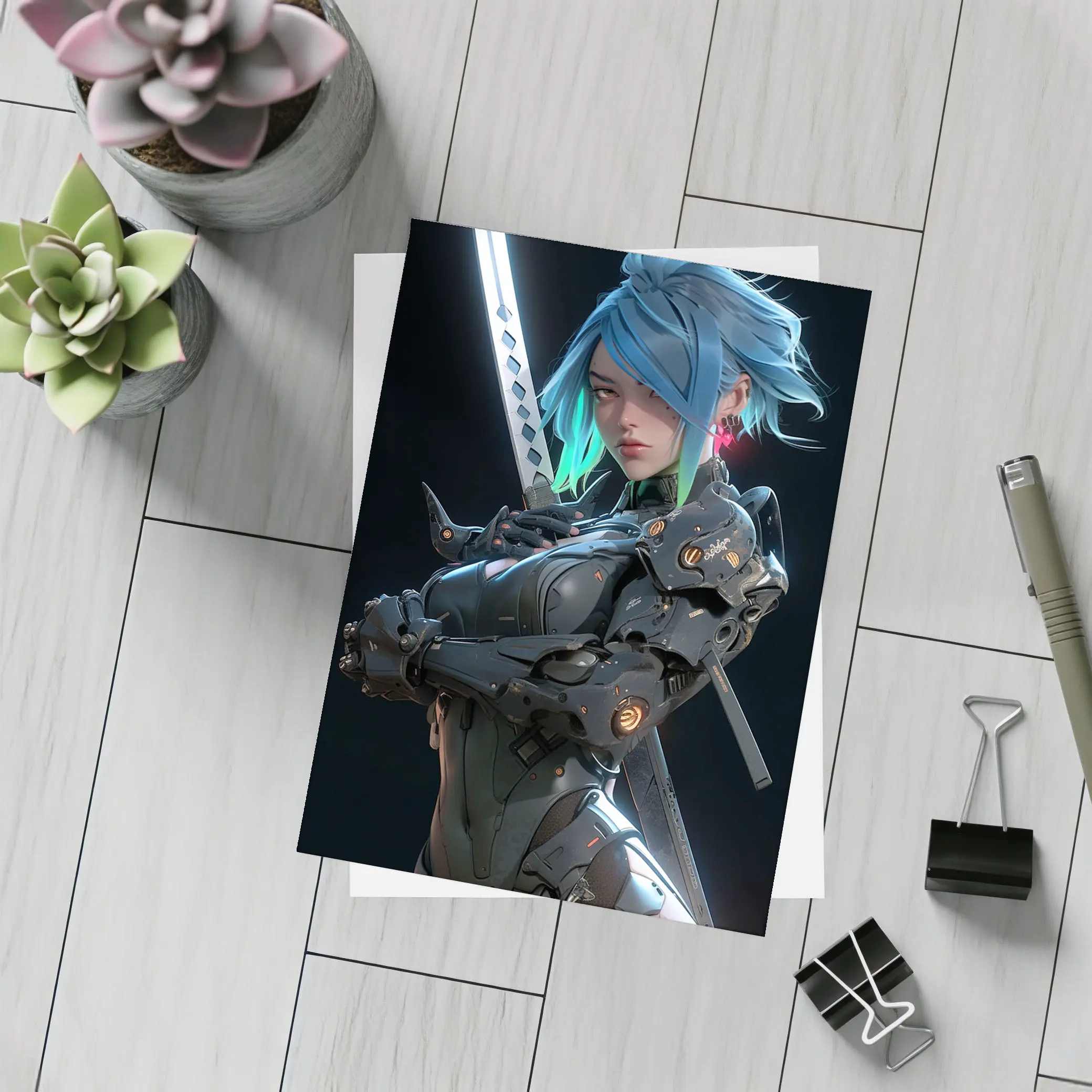 Cyberpunk Female Warrior Blue Hair Dark Background – Postcards