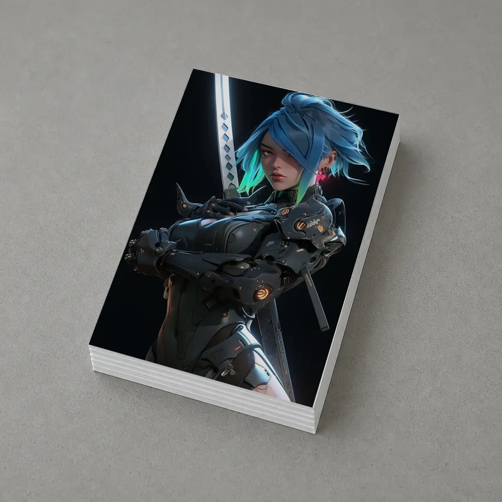 Cyberpunk Female Warrior Blue Hair Dark Background – Postcards