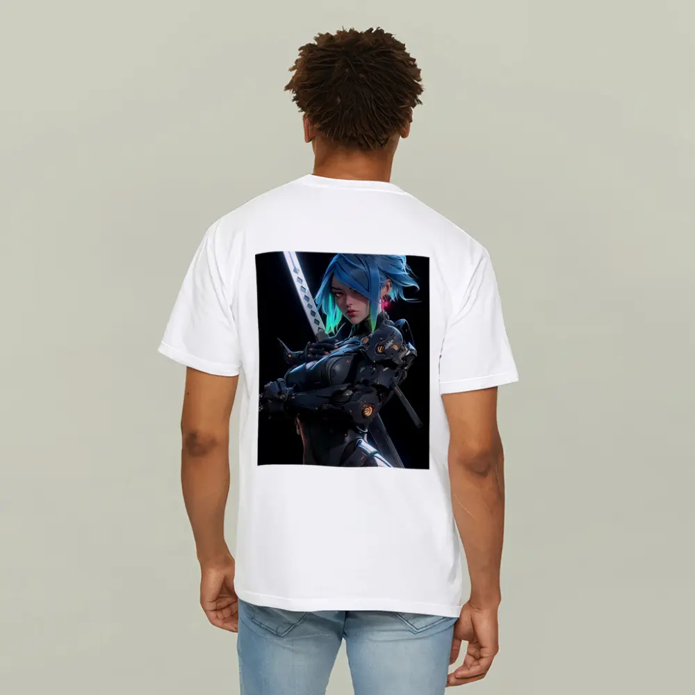 Cyberpunk Female Warrior Blue Hair Dark Background – T-Shirts