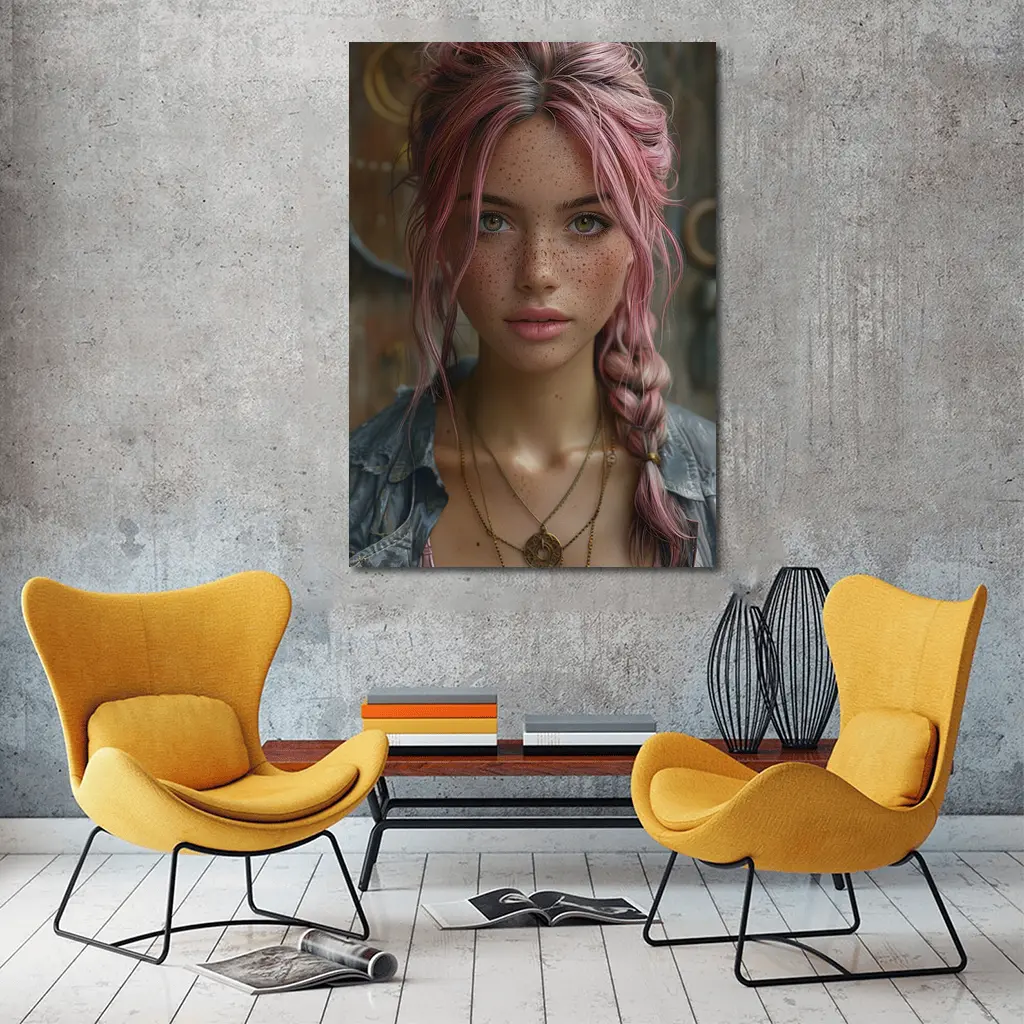 Pink Haired Girl Freckles Boho Portrait – Wall Art