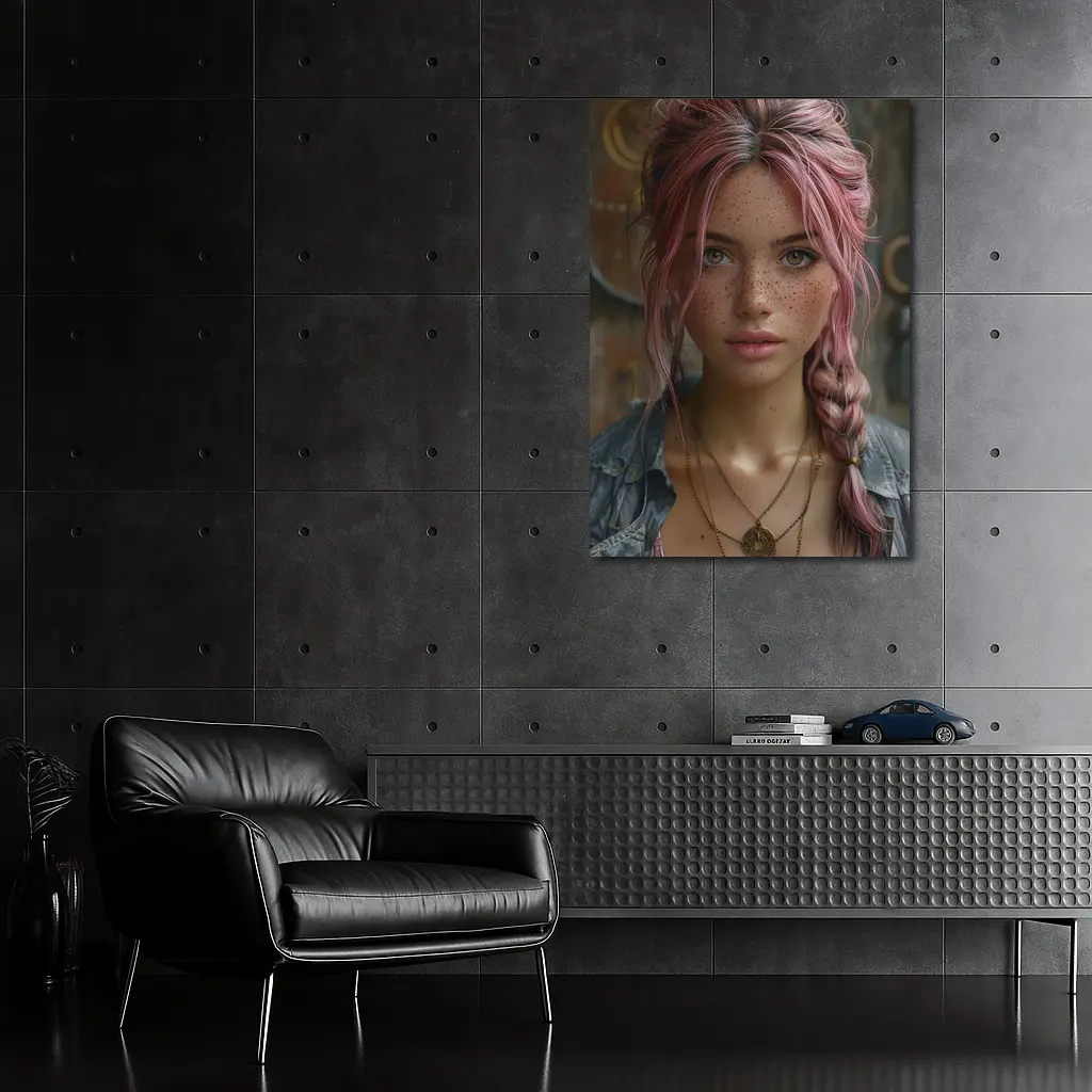 Pink Haired Girl Freckles Boho Portrait – Wall Art