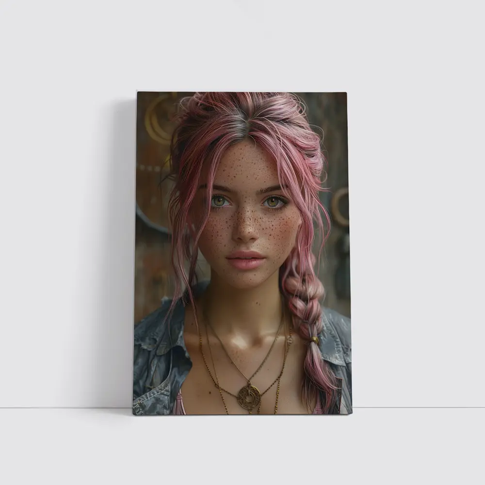 Pink Haired Girl Freckles Boho Portrait – Wall Art