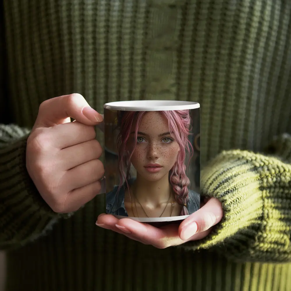 Pink Haired Girl Freckles Boho Portrait – Mugs